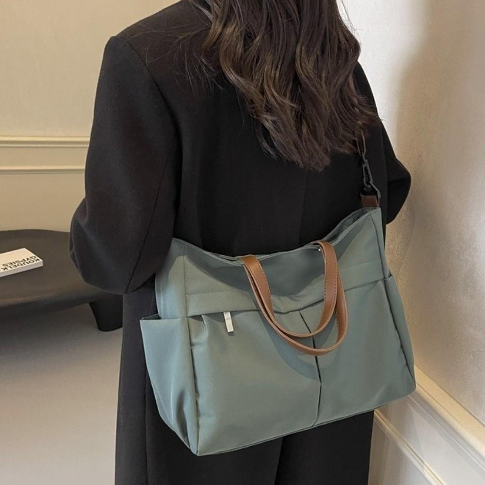 Fashion Stylish Women Shoulder Tote Bag Nylon Durable Commuting Handbag Two Pockets Solid Color Large Capacity Handbag Office