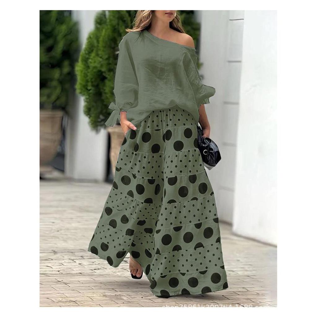 Mode High Street Outfits 2-teiliges Set Sexy schräger Ausschnitt einfarbige Bluse + Weitbeinige Hosen Sets Elegantes Polka-Dot-Muster Damenanzug