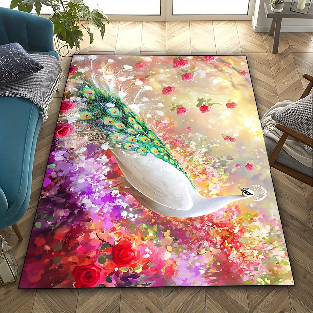 

White Peacock and Flower Pattern Rug, Stain-resistant and Easy-to-clean Floor Mat, Large Size Indoor Rug, Outdoor Rug 60x90(23x35in)