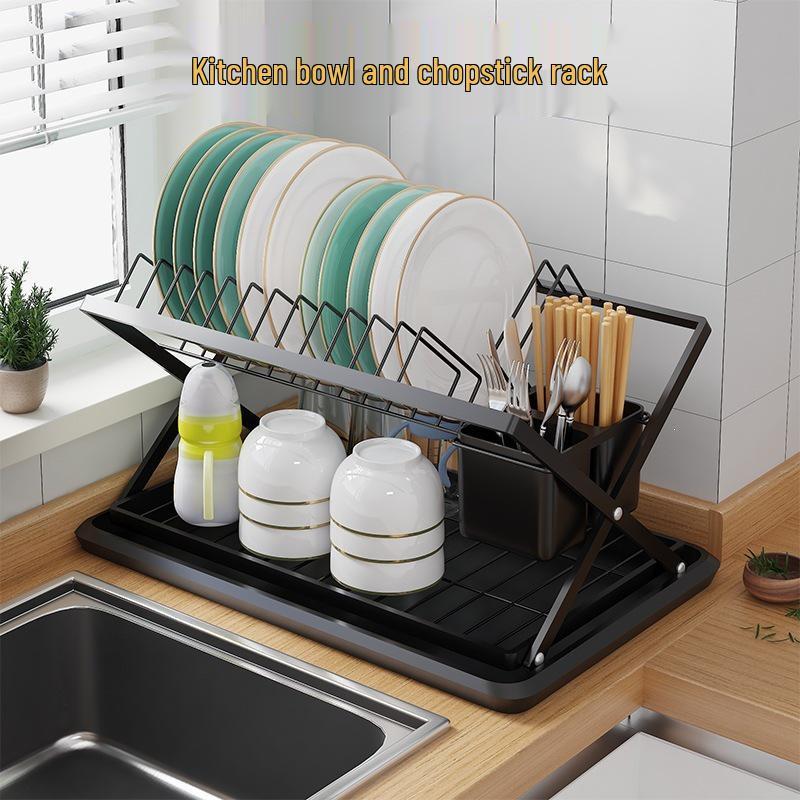 Foldable Wrought Iron Kitchen Dish Rack with Drip Tray & Chopstick Holder
