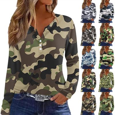 Camiseta de mujer con botones de manga larga para uso diario, fin de semana, moda básica, cuello en V, parte superior regular