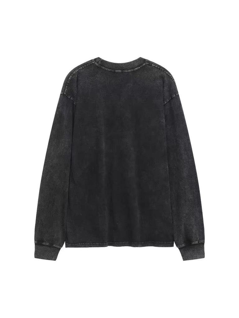 Women's Vintage Wash Long Sleeve T-Shirt with Ribbed Cuffs, 220g Pure Cotton, Plain and Distressed Look