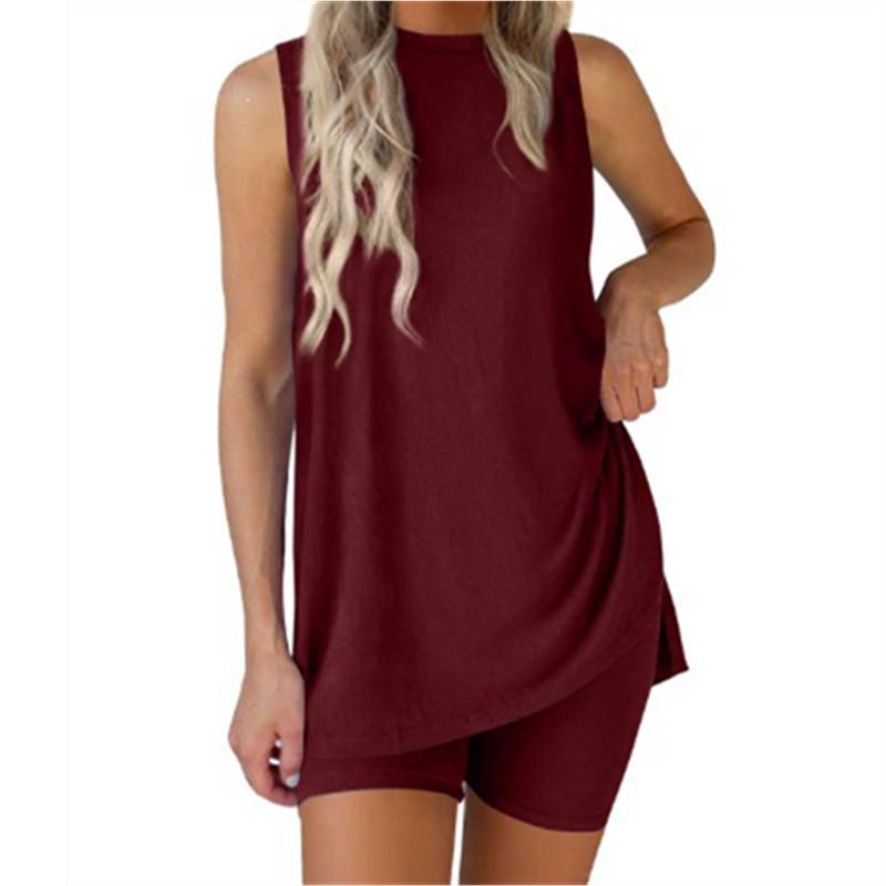 Damen Mode Sets Ärmellos Rundhals Hoher Schlitz Pullover Tanktop + Elastische Taille Skinny Shorts Sommer Outfits