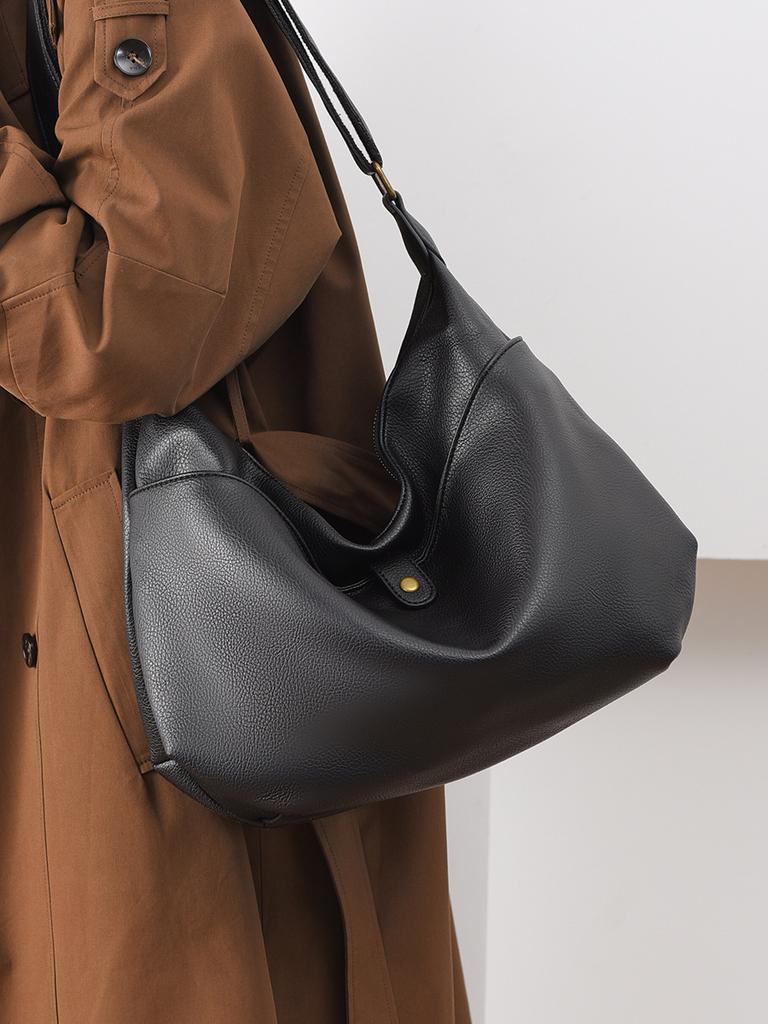 Solid Color Soft Leather Shoulder Crossbody Bag For Women Large Capacity Leisure Shopping Handbag Diagonal Pack Vintage Hobo Bag