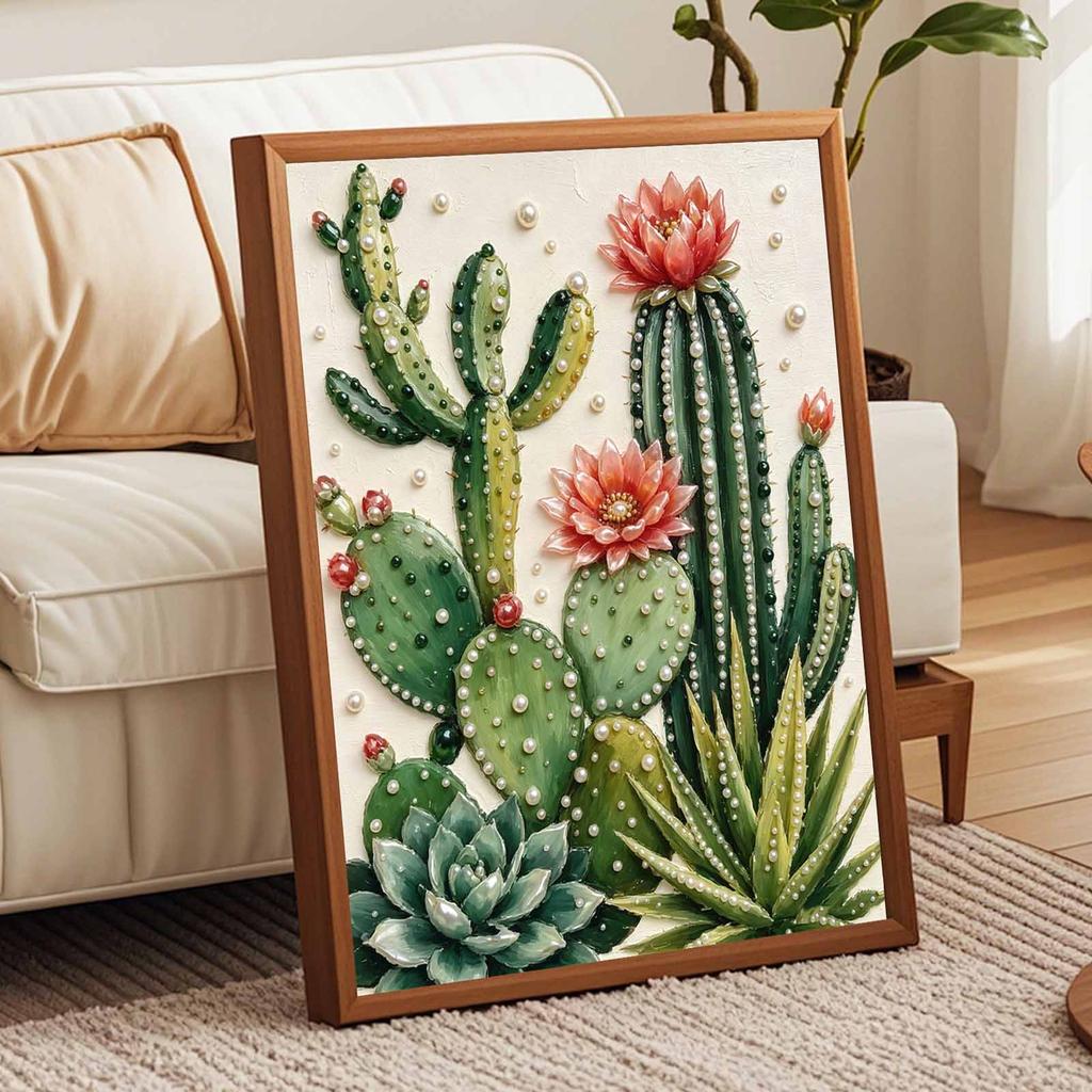 Sparkling Pearl Painting Kit with Frame Blooming Cactus Succulent Bead Art Canvas Elegant Relaxing Craft Wall Decor Gift for Women