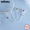 WOSTU 925 Silver Love Heart Silicone Safety Chain Butterfly Angel Wing Link Charm Fir Original Bracelet DIY Jewelry