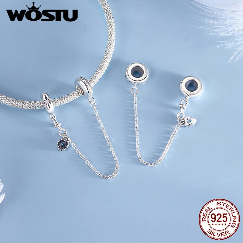 WOSTU 925 Silver Love Heart Silicone Safety Chain Butterfly Angel Wing Link Charm Fir Original Bracelet DIY Jewelry
