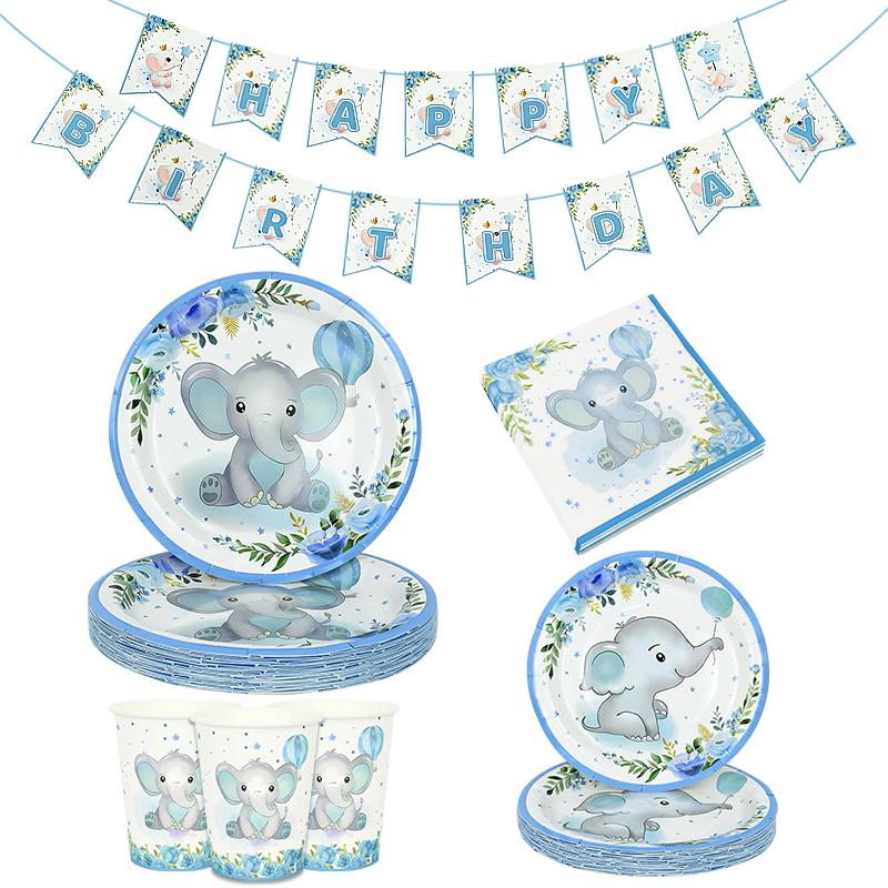 Blue Baby Elephant Disposable Tableware Set Paper Plate Cup Napkin Kids Boys 1st Birthday Party Decoration Baby Shower Supplies
