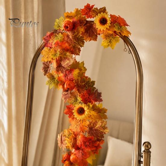 Holiday Gifts for Family Artificial Fall Maple Leaf Wreath, Autumn Vine with Pine Cones Pumpkins, Reusable Realistic Orange Red Leaves Hanging