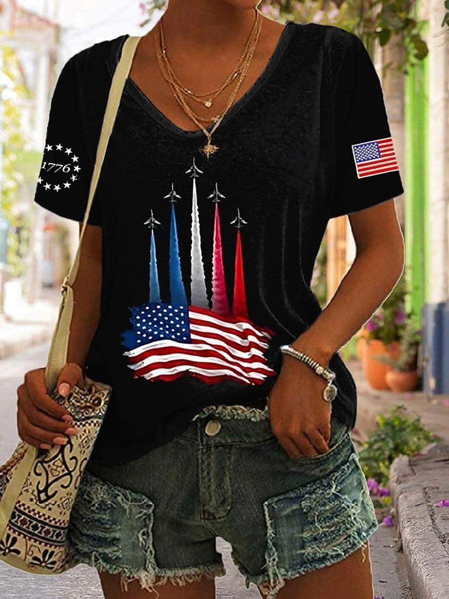 American Independence Day Women s T Shirt Print Graphic Flag Vintage Stylish Classic Short Sleeve S