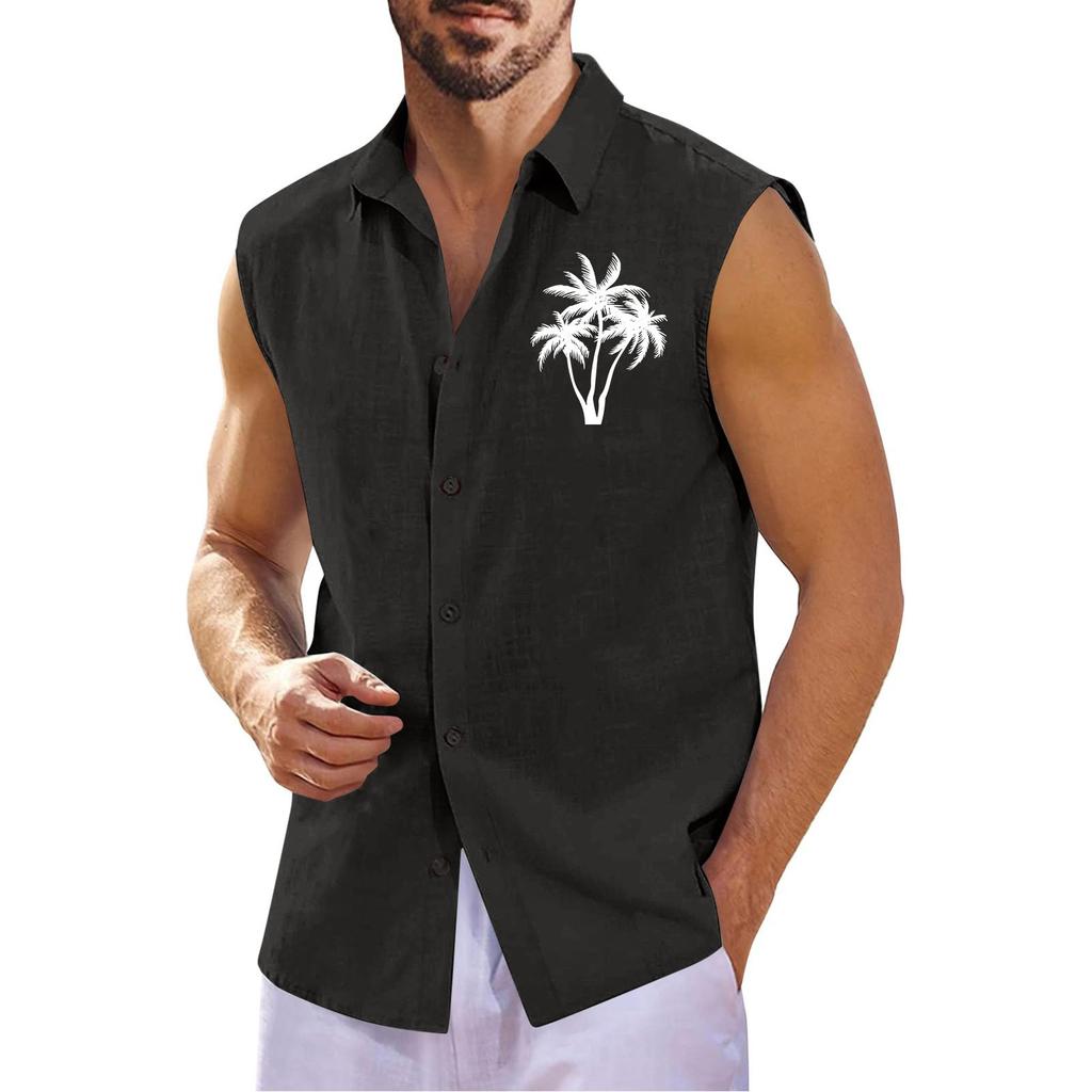 Herr Sommar Hawaiianmönstrad Ärmlös Skjorta Herr Lös Revers Ärmlös Knäppskjorta