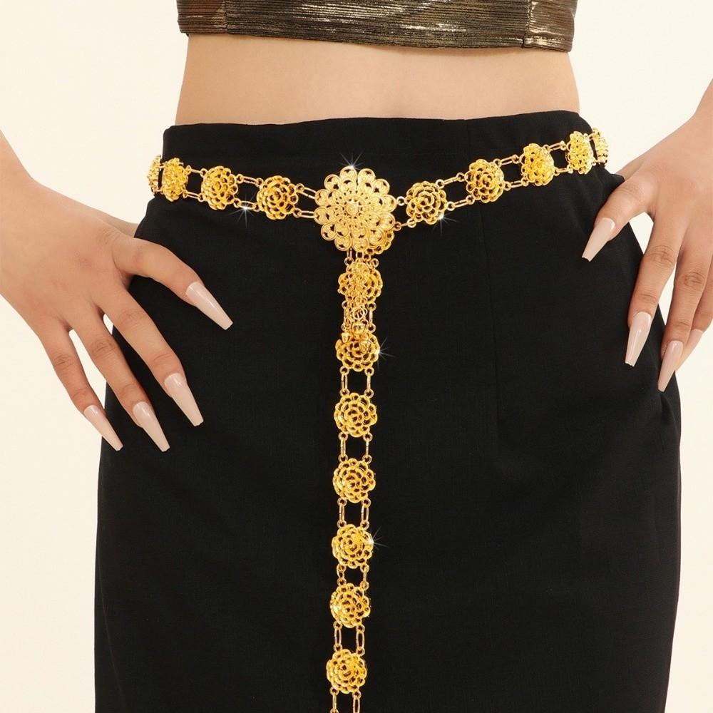 Vintage Water-Sprinkling Festival Waist Chain Golden Alloy Metal Flower Belly Chains Carved Pattern Tassel Hollow Out Belt