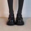 Leather Version~ Leather Heightened Platform Loafers Women's Black Round Head Thick Heel Single Shoes Retro British Style Small Leather Shoes