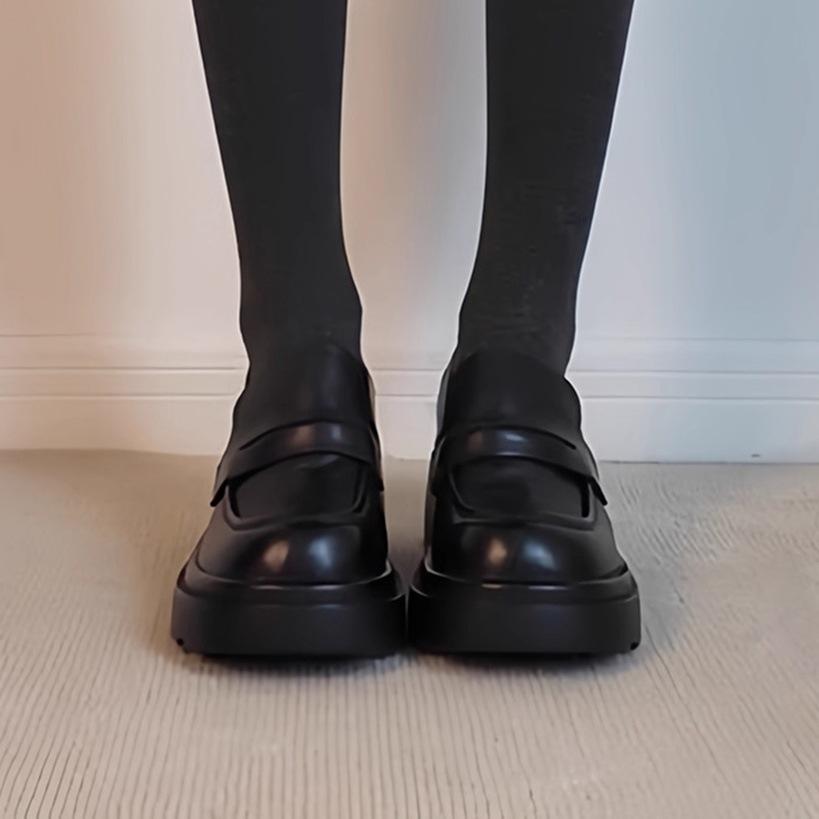 Leather Version~ Leather Heightened Platform Loafers Women's Black Round Head Thick Heel Single Shoes Retro British Style Small Leather Shoes