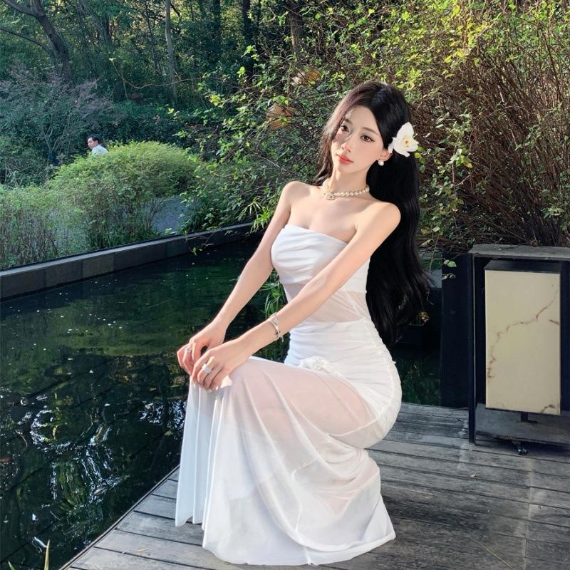 Seaside Vacation Pure Desire Sexy Perspective Mesh Flower Tube Top Dress Women's Design Sense Slim Temperament Long Dress