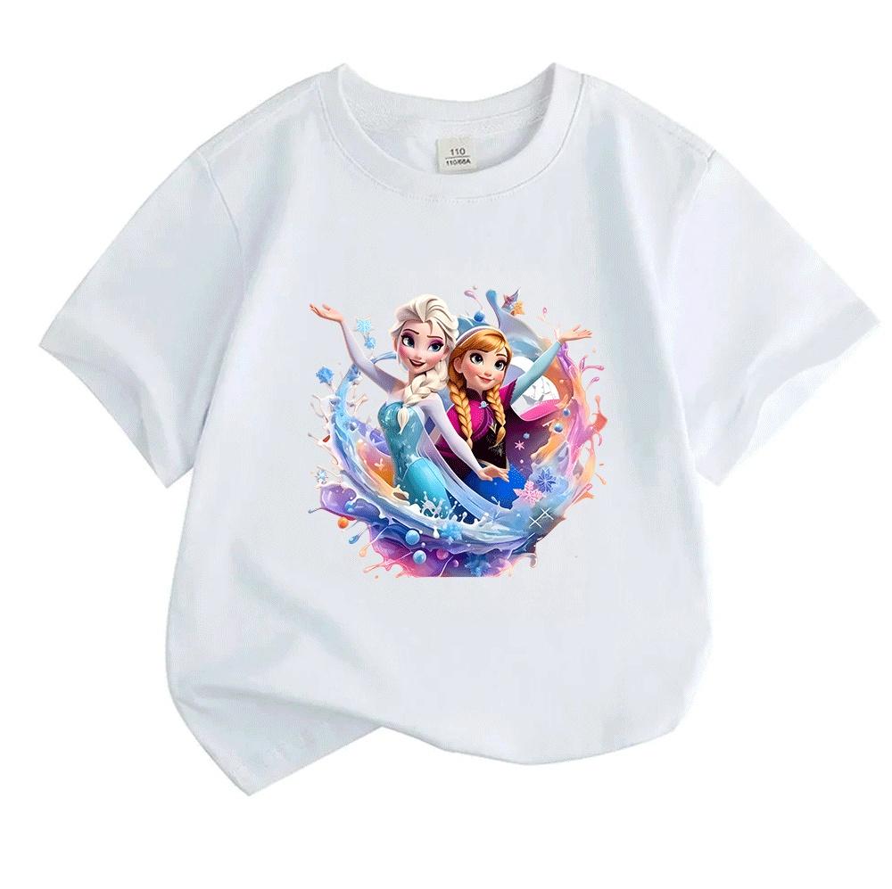 Kids Boys Girls Crew Neck Short Sleeve 100% Cotton T-Shirt, Cute Ice Princess Sisters Printed Casual Summer Soft Breathable Tee Tops for Children Dail