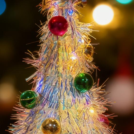 Metallic Tinsel Christmas Tree Light-up Foil Fringe Christmas Tree with Ball Ornaments for Holiday Home Office Tabletop Decoration