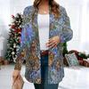 Women's Deep Teal Ornament 3D Print Long Sleeve Open Front Cardigan, Casual Loose Fit Lightweight Street Style Outerwear