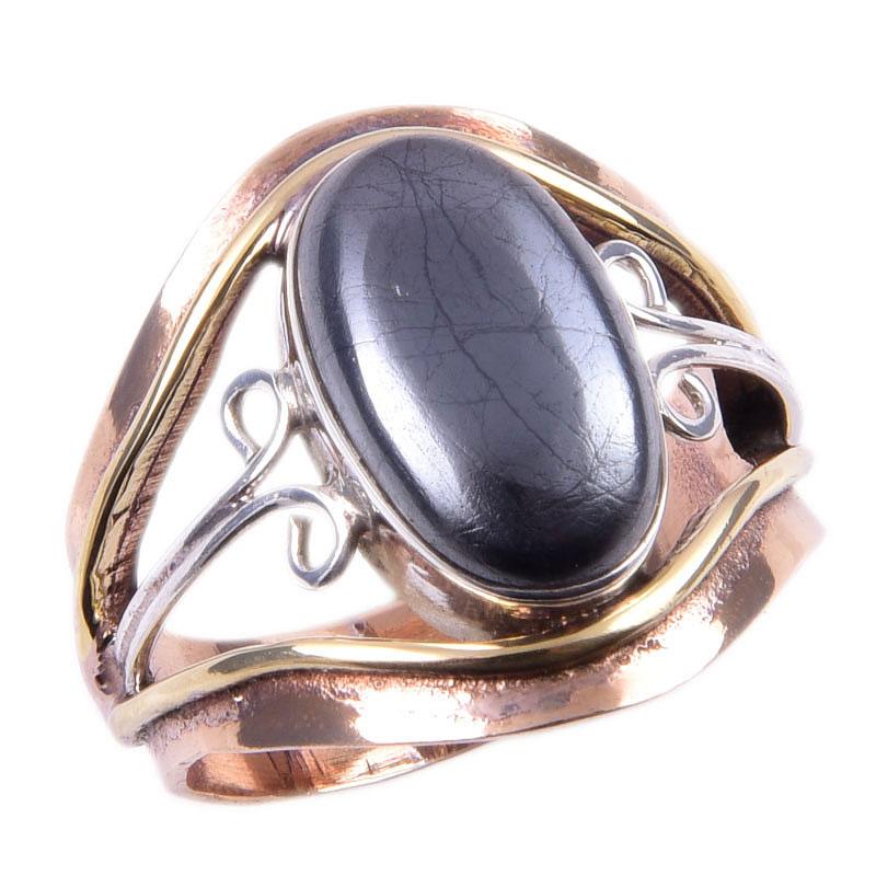 Natural Gunmetal Gemstone Handmade 925 Sterling Silver Two Tone Ring Size 7 I8k33