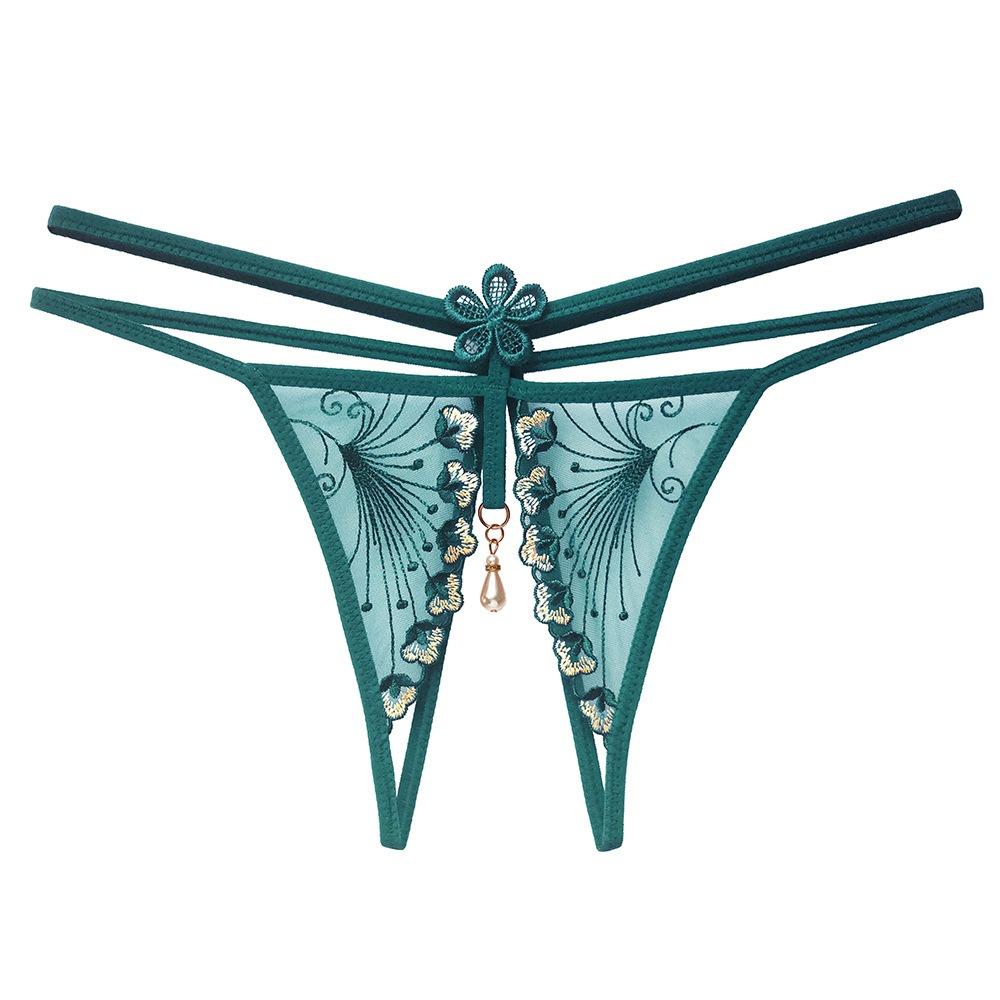 Want To Tie Julie * Embroidered Lace Open Panties Women's Erotic Beads Transparent Seduction Low Waist Free Thong
