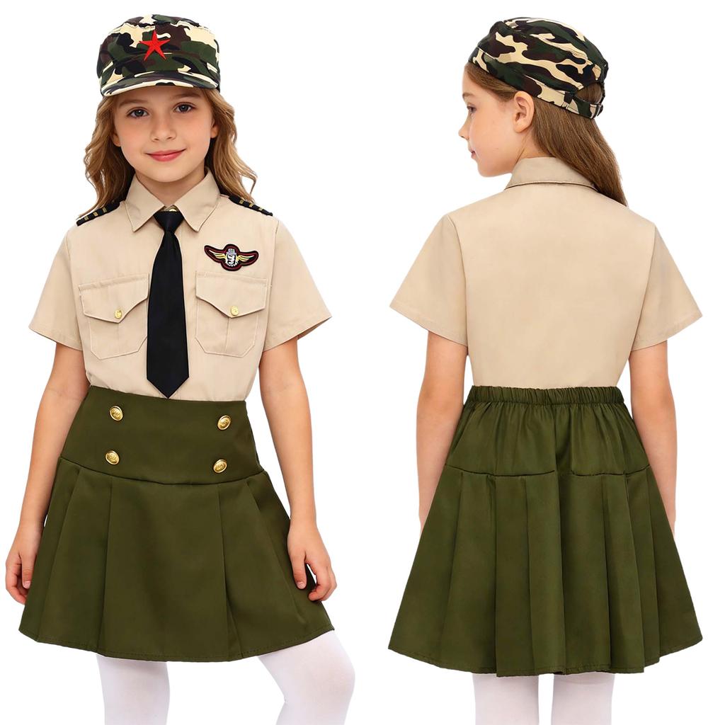 Kids Boys Girls Solider Military Uniforms Clothing Military Training Camp Outfit Short Sleeve Shirt Top with Pants Skirt Cap Tie
