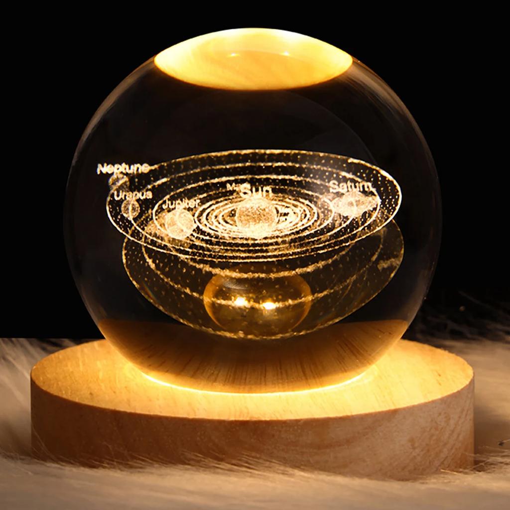 3D Art Nebula Laser Carving Solar System Moon Planet Nights Lamp LED Glowing Crystal Glass Globe Ball Wood Base Night Light