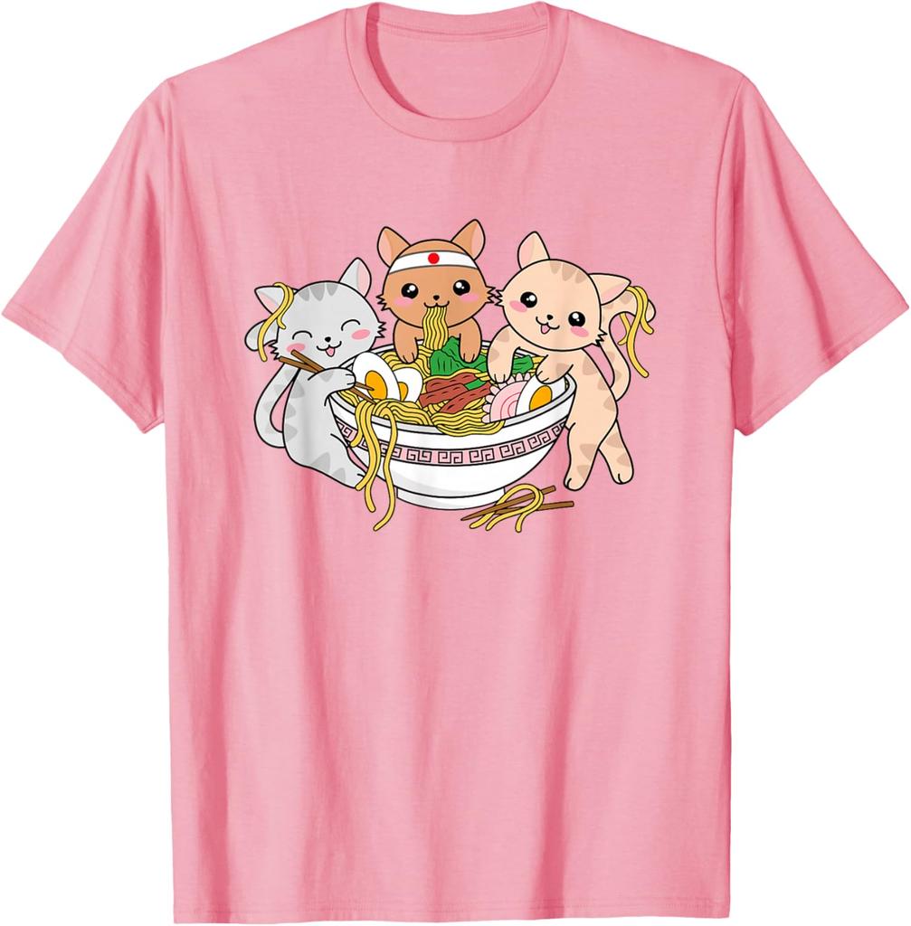 Cute Kawaii Cats Eating Ramen Japanese Noodle Graphic Tee Soft Cotton T-Shirt