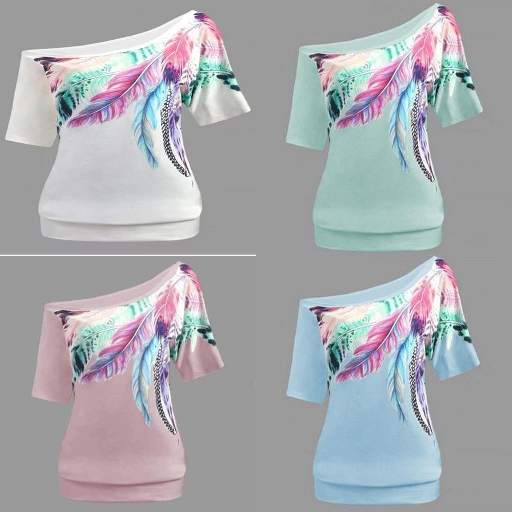 Luxurious Off The Shoulder Floral Print Short Sleeve Women's T-shirts Top Plus Size