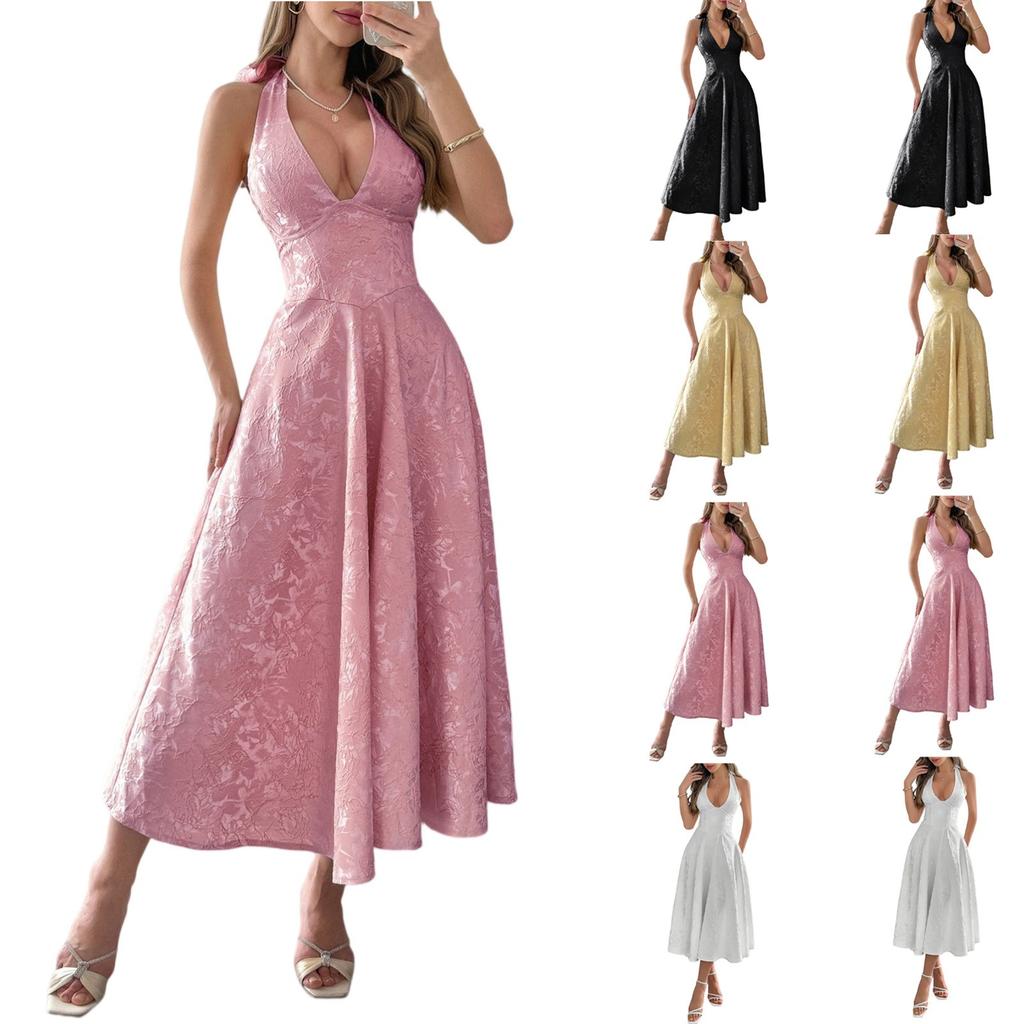 Women's Fashionable Solid Color Elegant Temperament Hanging Neck Waistband Dress