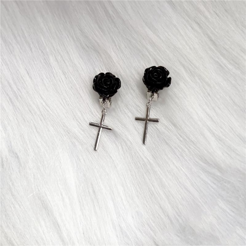 Gothic Black Rose Earrings Silver Religious Cross Pendant Earrings