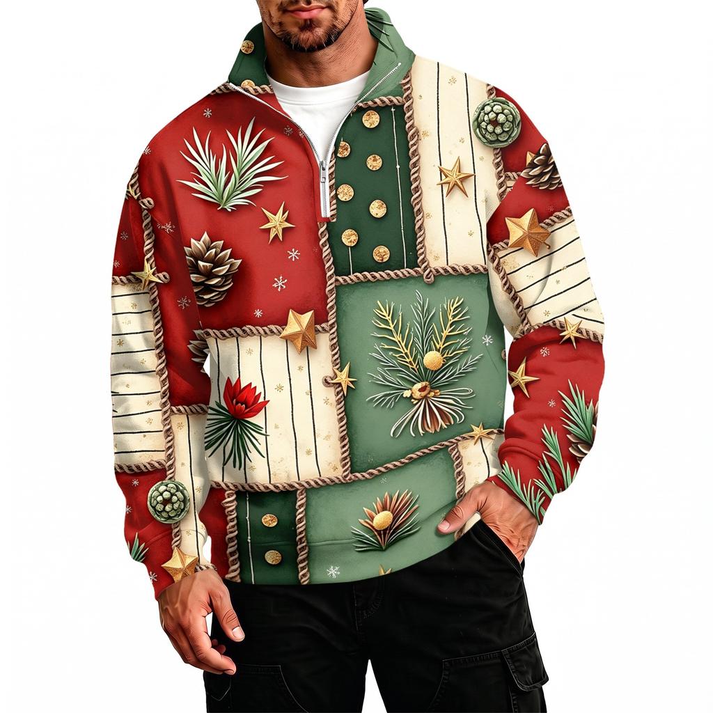 Men's Casual Stand Collar Sweatshirt with Holiday Christmas Print
