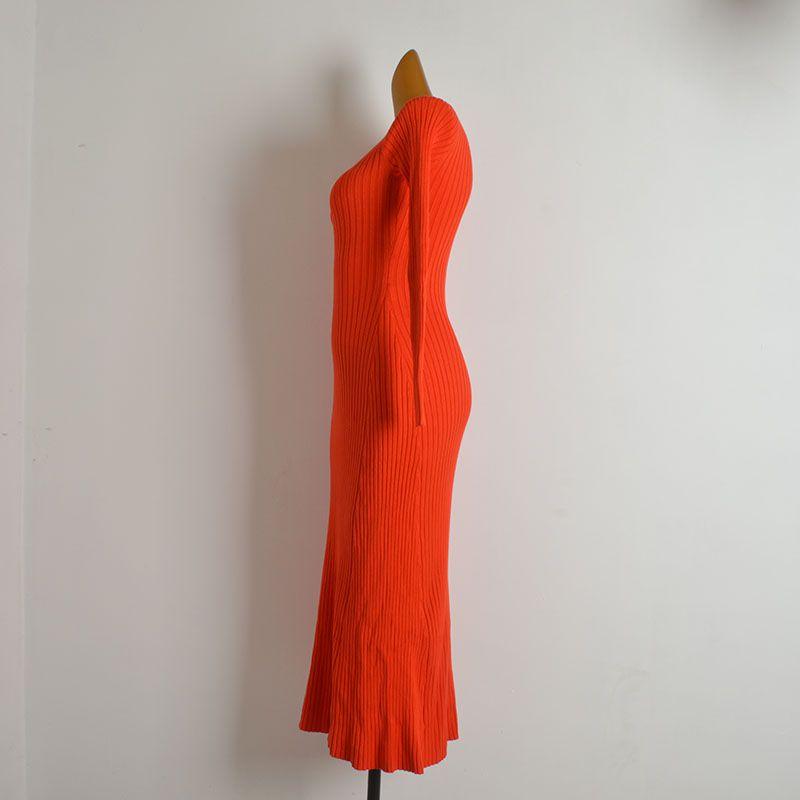 Export Single Fashion Style Sexy round Neck Sunken Stripe Long Sleeves Knitting Dress Women's Clothing Spring and Autumn Slim Fit Fishtail Dress