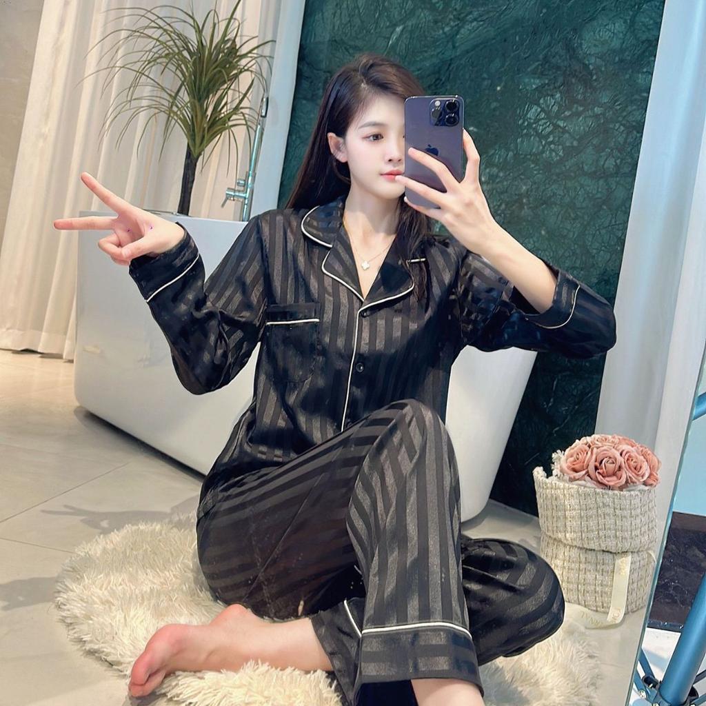 1011 spring and summer new haute couture pajamas women's pink striped sweet ice silk pajamas Yang Mi loungewear women's
