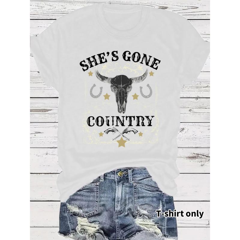 Women's Short Sleeve T-shirt She's Gone Country Bull Skull with Stars Design Western Cowboy Graphic T-Shirt