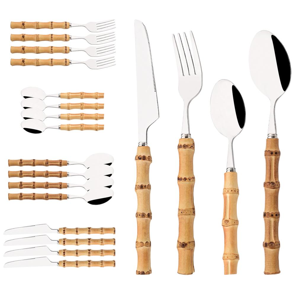 4/8/20Pcs Stainless Steel Flatware Cutlery Set Wood Bamboo Root Handle Dinnerware Knife Spoon Fork Tableware Kitchen Silverware