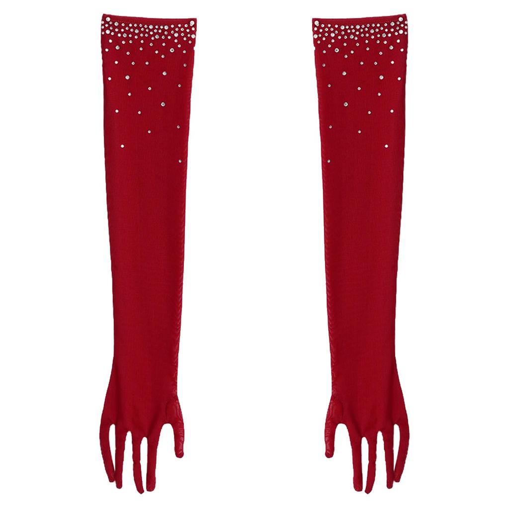 Girls Five Finger Mesh Gloves Glittery Rhinestones Design Full Length Latin Dance Performance Accessories