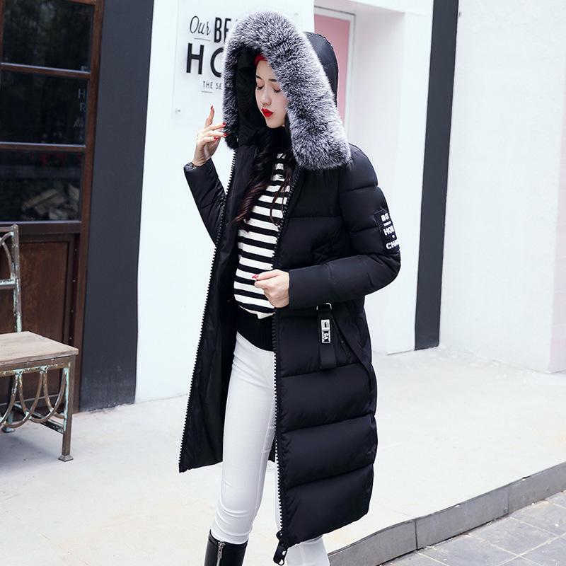 Winter new cotton-padded clothes women's thickened down cotton-padded clothes over the knee medium and long large fur collar hooded cotton-padd
