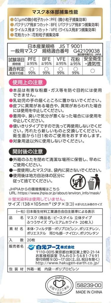 Hakugen Earth 3D Regular Premium JIS Standard Wide Ear Straps for Makeup Hay Fever Relief B-Style Masks, Size, White, 20-Count, Compliant, Comfort,