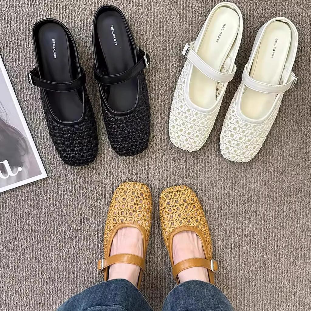 Inner Height Increase of 5cm with Skirt Woven Hollow Bag Head Half Slippers Women's 2025 Summer New Outer Wear Muller Wedge Sandals