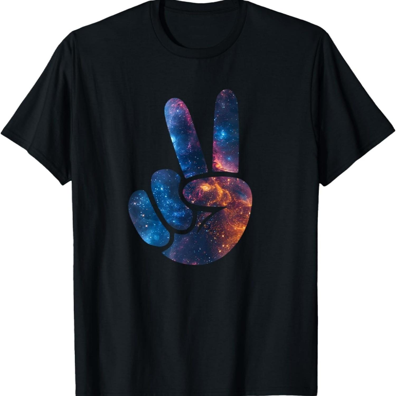 Aesthetic Silhouette Stars Space Galaxy Peace Sign Hand T-Shirt(20) S чёрный