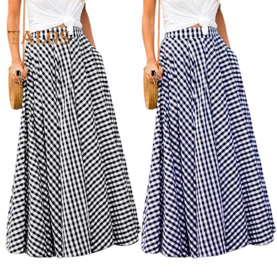 Jupe longue élastique taille haute pour femme, imprimé écossais, jupe trapèze avec poches, grand ourlet, jupe rétro, streetwear