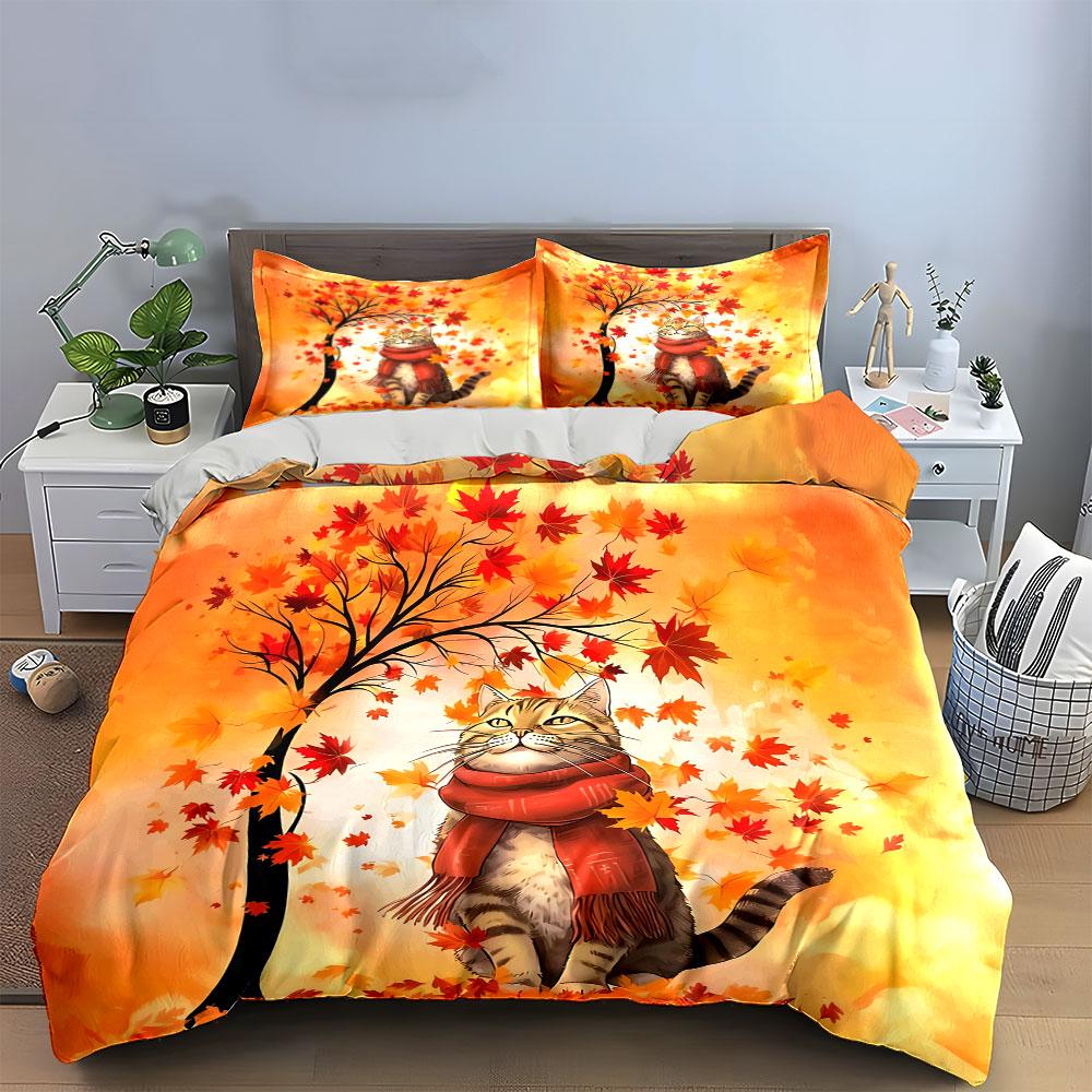 Autumn Cat Art Decor Soft Comfortable Duvet Cover Bedding Set Included 1*Duvet Cover & 2*Pillowcases, Gift