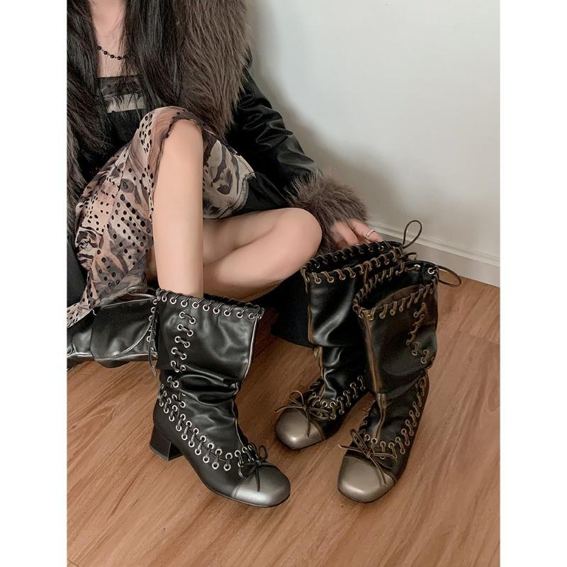 Bow strap woven western boots huge good-looking punk wide tube pile small short boots women