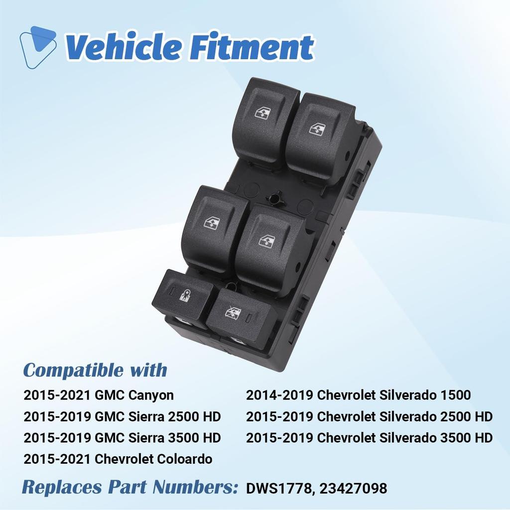 Power Window Switch Control Button Driver Side Compatible With 2014- Chevy Silverado 1500, 2015- Chevrolet Silverado & GMC Sierra 2500 HD 3500 HD,
