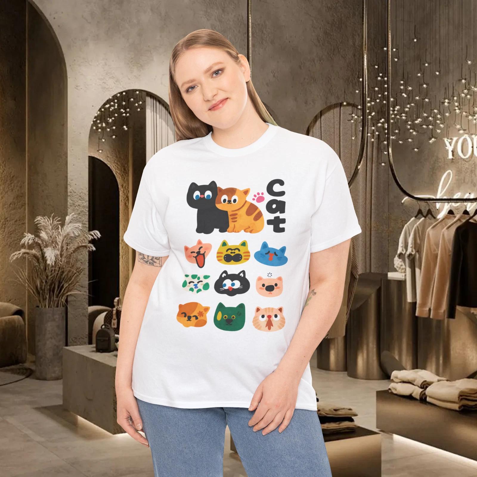 Cute Cartoon Cats T-Shirt Kawaii Cat Faces Graphic Tee for Cat Lovers 4XL