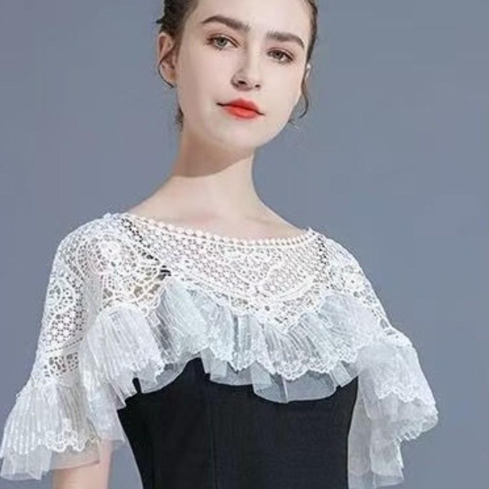 New Vintage Cheongsam Crochet Tippet Mesh Trim Ruffle Hollow-Out Shawl Black Off‑Shoulder Shawl Cape Coat Summer Sun Protection