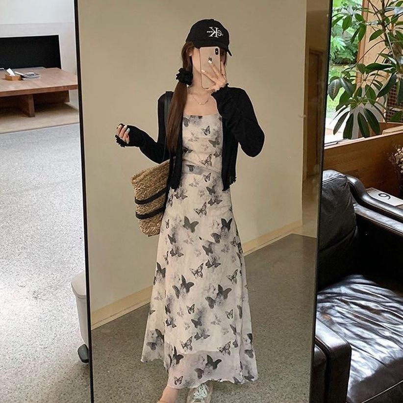 Fashion elegant and cold ink butterfly suspender dress, summer new pleated waist thin floral long skirt