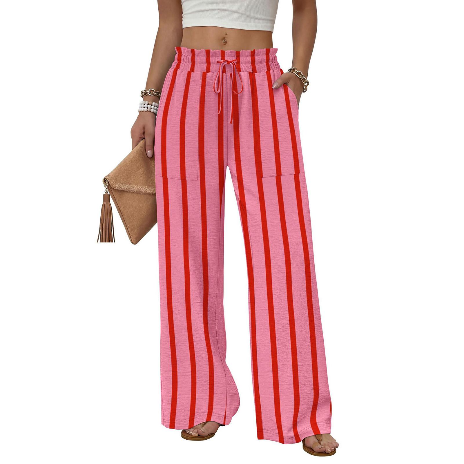 

Women s Fashion Striped High Waist Wide Leg Pocket Drawstring Loose Beach Vacation Casual Pants XL червоний