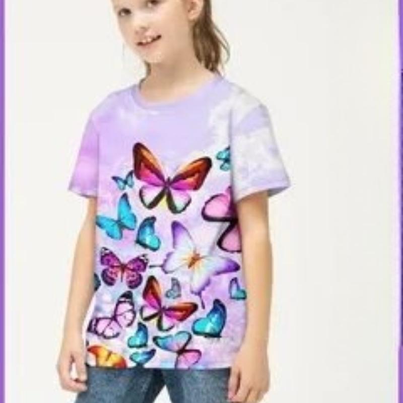 

Children s Butterfly Printed Multi-color T-shirts Girls Fashionable Soft Comfortable T-shirts 140
