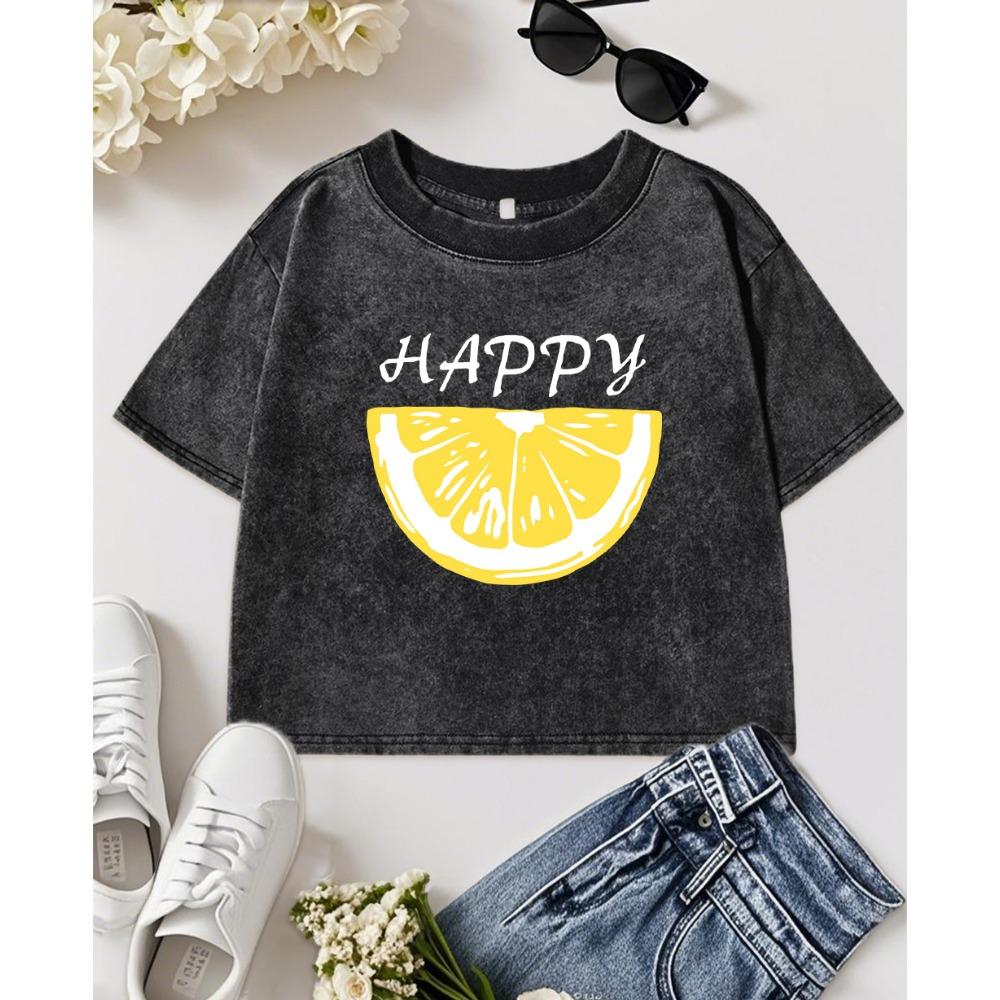 Happy Fruit Lemon Printed Washed Crop T-Shirt Women Summer O-Neck T Shirt Slim Cotton Short Sleeve Soft Casual